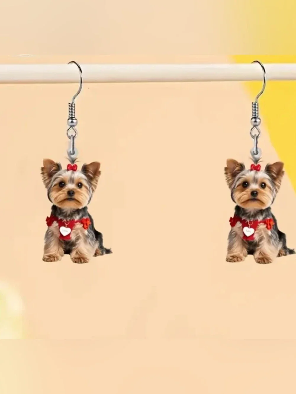 Hand Crafted 2D Flat Yorkie Dog Dangle Earrings in Red Accents